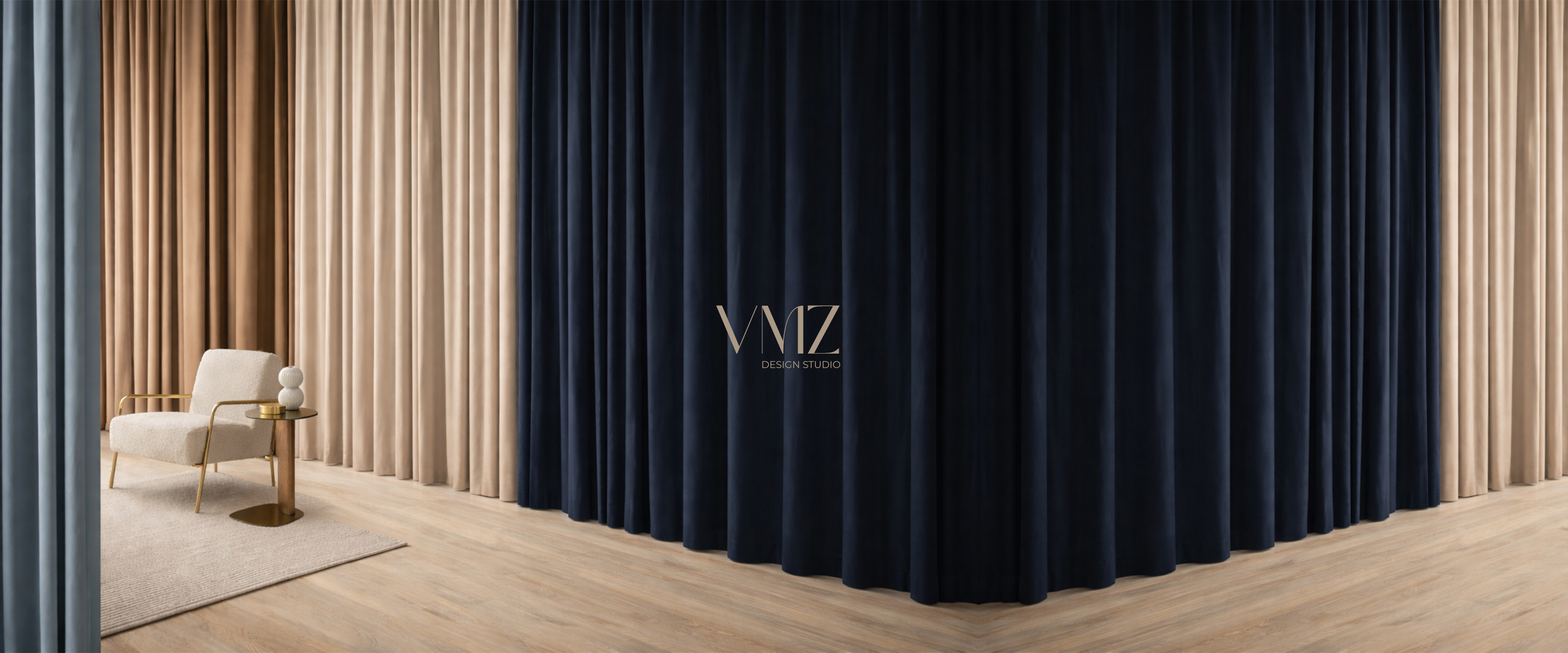 deep dark blue, light and dark beige curtain, wooden flooring, a white fabric chair with golden metal frame, a side table with single wooden leg and metal top and bottom plate in gold, a light beige carpet, the logo of vmz design studio.